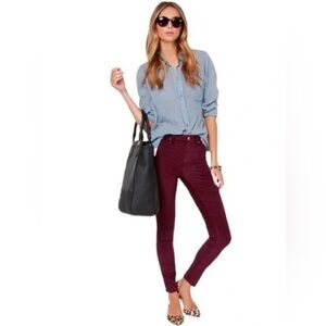 Tory Burch Maroon super Skinny Fall Jeans with Gold logo and button fly.  23